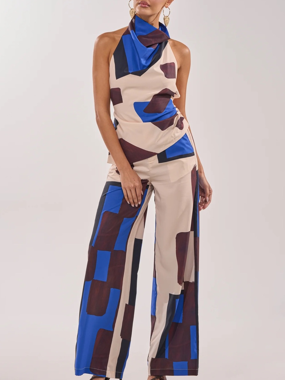 Blue & Cream Abstract 2-piece Wide-Leg Printed Pants Set